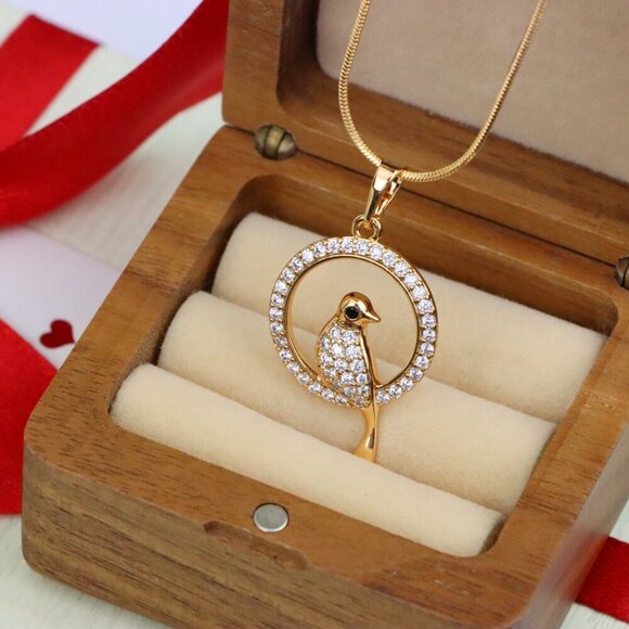 "Rose Gold Bird Pendant with Sparkling Crystals in Circular Frame, XPPT1525 - Picture 8 of 13